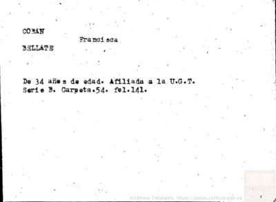 PARES DNSD-SECRETARÍA,FICHERO,13,C0172766 — Ficha de Francisca Coran Bellate